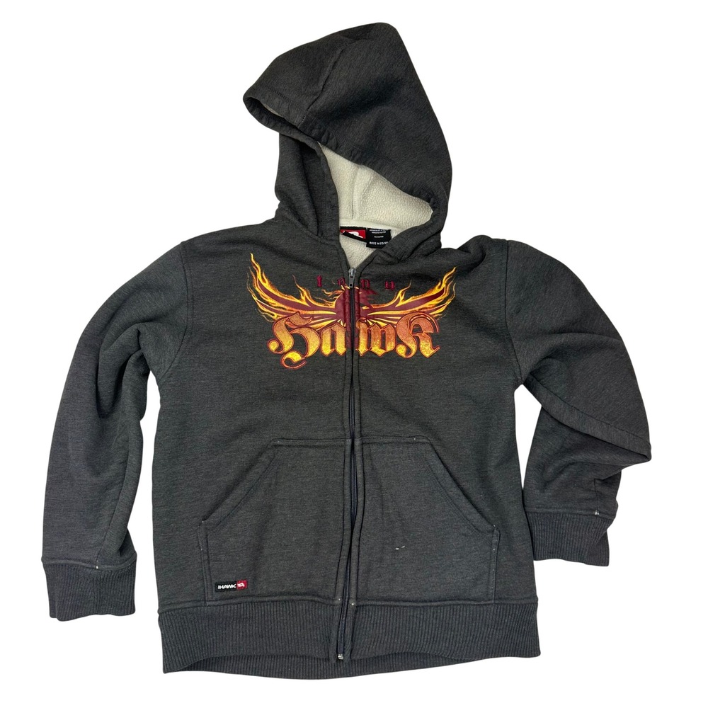 Tony Hawk Zip Up Hoodie Sherpa Lined Flame Phoenix Graphic Gray Boys M‎ (10/12)